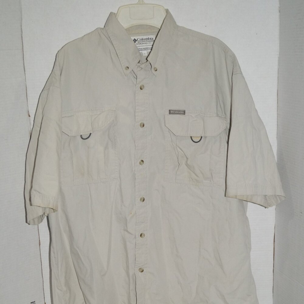 Columbia Fishing Shirt Mens Large Beige Tan Cotton Button Up Short Sleeve Pocket